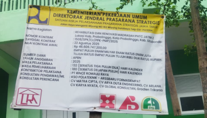 Pengerjaan Proyek rehabilitasi dan renovasi Madrasah PHTC Jawa Timur 2 Melebihi Batas Waktu